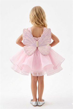 2-6 Yaş Butterfly Kanatlı Kız Çocuk Abiye Elbise Pembe