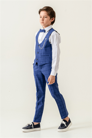 Karo Ekose Yelekli Zincirli Çocuk Takım Elbise Sax