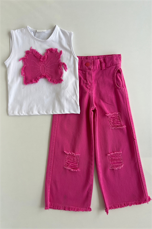3-14 Yaş Kelebek Armalı Kot Pantolonlu Kız Takım Pembe