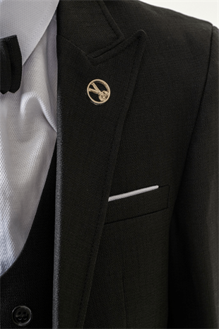 Premium Seri Mendilli Yelekli Ceketli Çocuk Takım Elbise Siyah