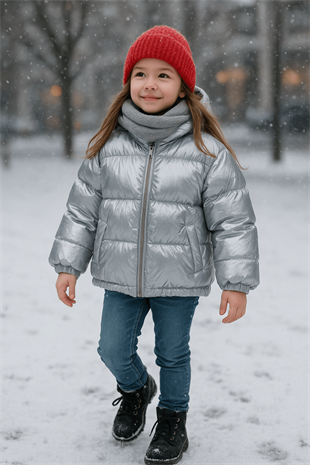 Şişme Mont Kız Çocuk Elyaf Dolgulu Gri