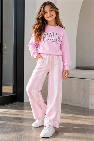 3-10 Yaş Gp Alt Çizgi Detay Kız Çocuk Eşofman Takım Pembe