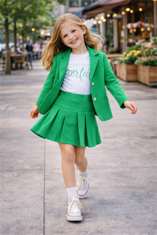4-12 Yaş İmperfect Lüx Ceketli Kız Çocuk Takım Yeşil