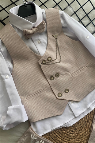 Zincir Detay Çift Düğmeli Erkek Çocuk Takım Elbise Bej