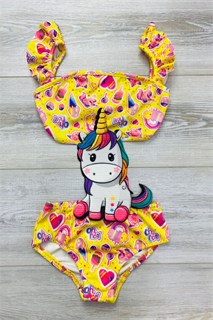 Unicorn Desen Kız Çocuk Mayokini  Sarı