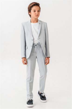 3-14 Yaş Gofre Rozetli Tişörtlü Çocuk Takım Elbise Gri