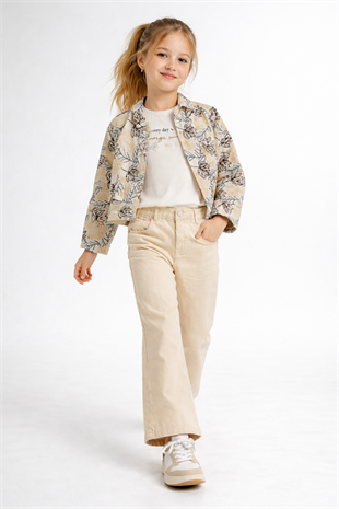 8-12 Yaş Nakış Yaprak Desenli Kız Çocuk Takım Krem