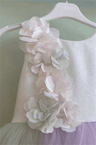 3-7 Yaş Etekleri Renkli Arkası Uzun Kız Çocuk Abiye Elbise Beyaz