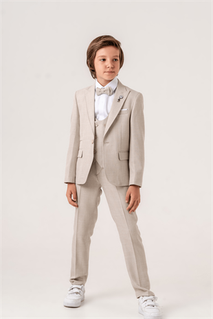 Premium Seri Mendilli Yelekli Ceketli Çocuk Takım Elbise Latte