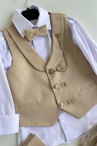 Gofre Lord Yelekli Erkek Çocuk Takım Elbise Bej