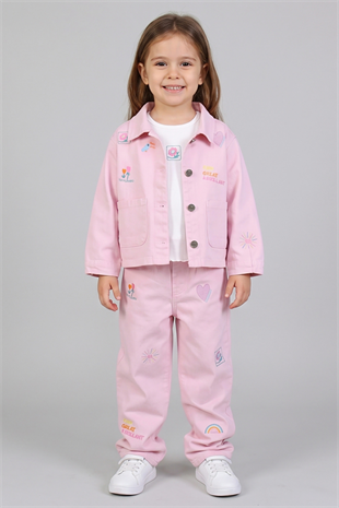 2-7 Yaş Great Nakışlı Gabardin 3lü Kız Çocuk Takım Pembe