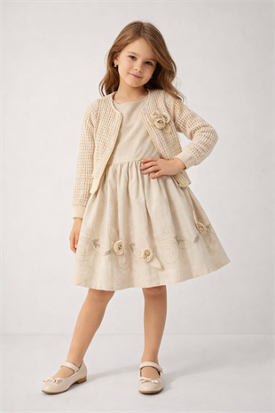 5-8 Yaş İncili Triko Hırkalı Keten Elbise Krem