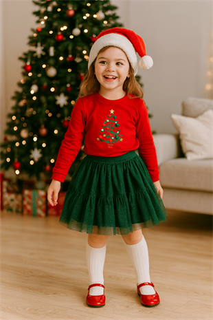 4-8 Yaş Yeniyıl Ağaç Desen Etekli Kız Çocuk Takım Kırmızı