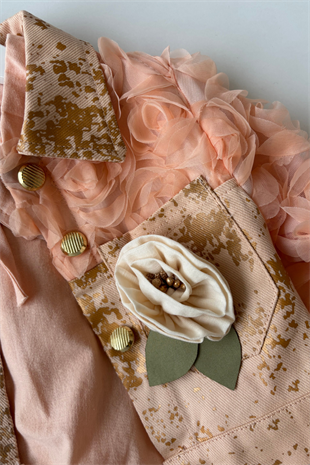 3-6 Yaş Premium Kolları Gül Detay Yaldızlı Ceket Pantolon 3lü Kız Takım Pudra