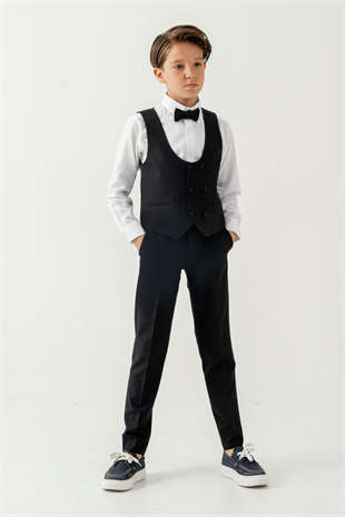 3-14 Yaş Premium Double Yaka Erkek Çocuk Damatlık Siyah