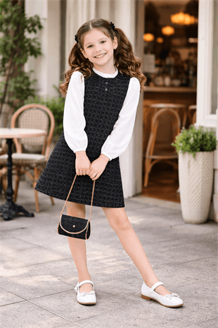 6-10 Yaş Premium İnci Düğmeli Kol Detay Tüvit Elbise Siyah