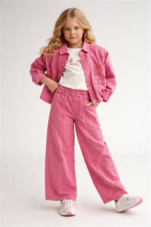 3-10 Yaş Kelebek Nakışlı Gabardin Kız Çocuk Takım Pembe