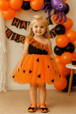 Çakıl Taş Devri Kız Çocuk Kostüm Turuncu