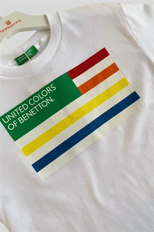 6-14 Yaş Benetton Renk Şeritli Yazı Baskı Erkek Çocuk Tişört