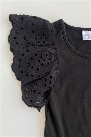 3-10 Yaş Omuzları Dantelli Kız Çocuk Bodysuit Siyah