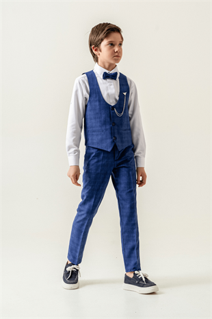 Karo Ekose Yelekli Zincirli Çocuk Takım Elbise Sax