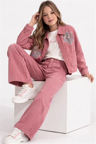 9-14 Yaş Çiçek Boncuk Aplikeli Ceketli Gabardin  Kız Çocuk Takım Gül Kurusu