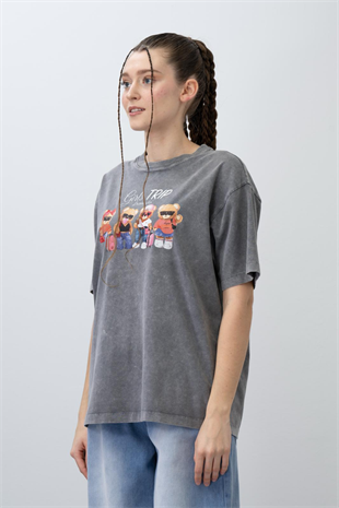 9-14 Yaş Ayıcık Baskılı Kısa Kol Tek Tişört Gri