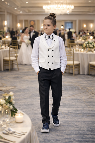 Lord Katlamalı Rozetli Çocuk Takım Elbise Beyaz