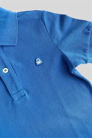 6-14 Yaş Benetton Erkek Çocuk Mavi Logolu Pike Polo T-shirt