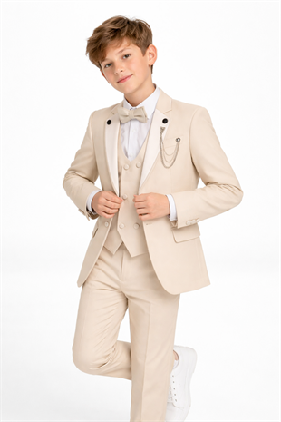 3-14 Yaş Premium Double Yaka Zincirli Erkek Çocuk Damatlık Bej