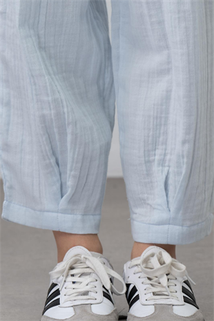 9-15 Yaş Müslin Gömlek Havuç Pantolon Kız Takım Bebe Mavi