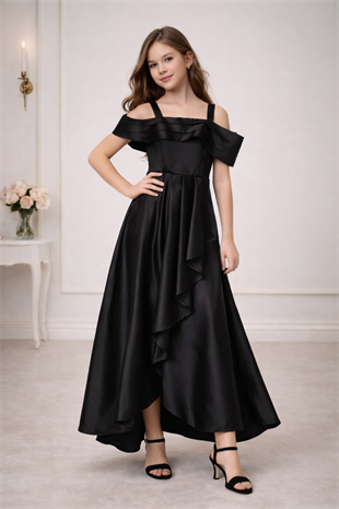 10-15 Yaş Vals yırtmaç Detay Kız Çocuk Uzun Abiye Elbise Siyah