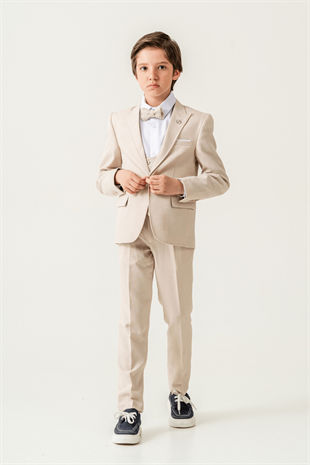 Premium Seri Mendilli Yelekli Ceketli Çocuk Takım Elbise Krem