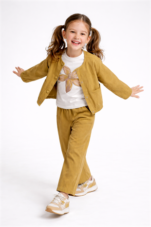 4-8 Yaş Düğmeli Ceketli Bohem 3lü Kız Çocuk Takım Yağ Yeşili