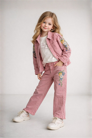 4-8 Yaş Kolları Nakışlı Ceketli Gabardin 3lü Kız Çocuk Takım Gül Kurusu