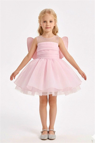 2-6 Yaş Butterfly Kanatlı Kız Çocuk Abiye Elbise Pembe
