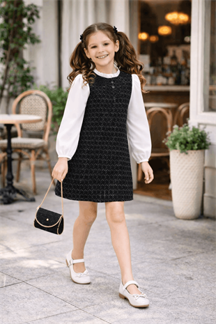 6-10 Yaş Premium İnci Düğmeli Kol Detay Tüvit Elbise Siyah