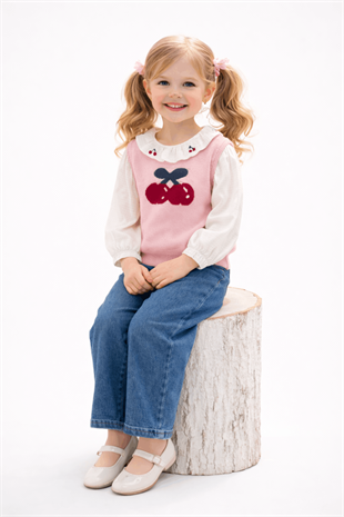 3-7 Yaş Kiraz Süveterli Pantolonlu Kız Çocuk Takım Pembe