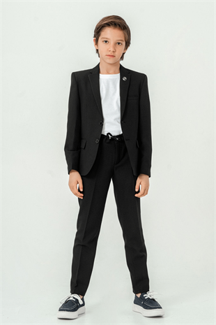 3-14 Yaş Gofre Rozetli Tişörtlü Çocuk Takım Elbise Siyah