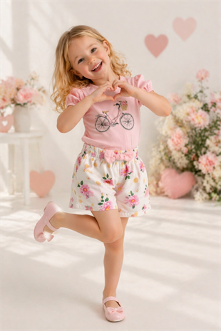 3-7 Yaş Bisikletli Alt Şortlu Çiçekli Kız Çocuk Takım Pembe