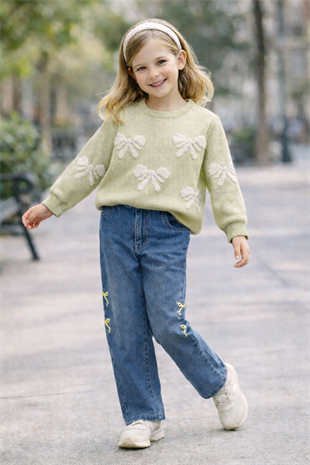 3-7 Yaş Fiyonk Nakışlı Triko Kazak ve Kot Pantolon Kız Takım Yeşil