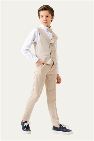 Lord Katlamalı Yelekli Çocuk Takım Elbise Krem