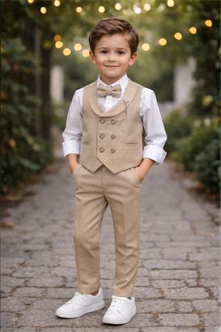 Smart Katlamalı Yelekli Çocuk Takım Elbise Latte
