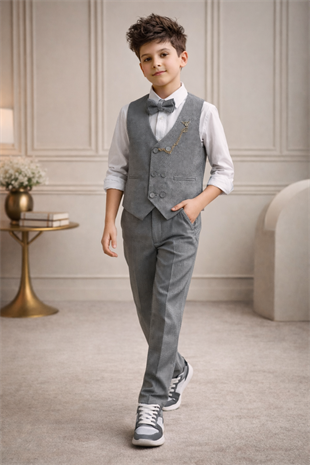 Matrix Yelekli Zincirli Erkek Çocuk Takım Elbise Gri