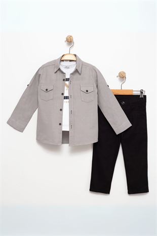 3-12 Yaş Keten Gömlek Gabardin Pantolon Baskılı Tişört Gri