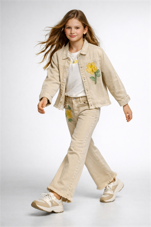 8-12 Yaş Çiçek Payetli Ceketli Gabardin  Kız Çocuk Takım Bej