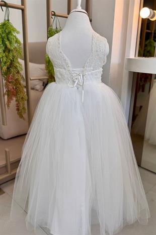 İncili ve Dantelli Kız Çocuk Abiye Gelinlik Beyaz