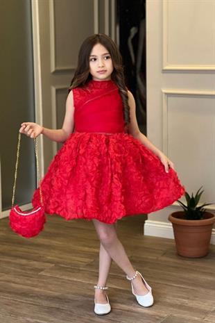 Çanta Hediyeli Güpür Gül Detay Kırmızı Çocuk Abiye