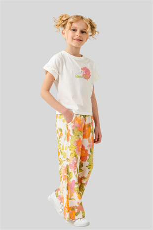 4-8 Yaş Çiçekli Pantolon Tişört Kız Çocuk Takım Turuncu