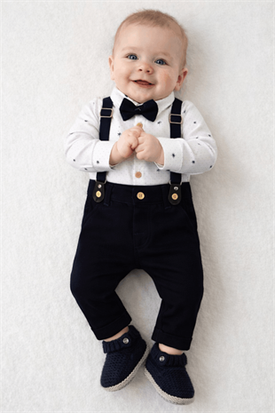 6-24 Ay Desenli Çıtçıtlı Gömlek Pantolon Askı Papyon Seti Lacivert